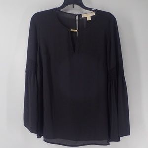 MK Womens Sheer Black Balloon Long Sleeve  Keyhole Front ~ Back  Blouse  Medium